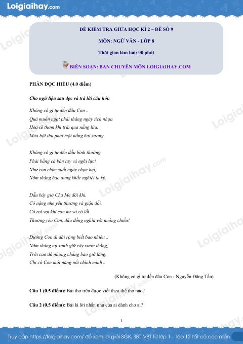 Đề thi giữa kì 2 Văn 8 - Đề số 9